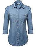 Made by Emma Women's Junior Fit Basic Closure Roll Up Sleeves Chest Pocket Denim Chambray