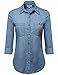 Women's Basic Classic Button Closure Roll Up Sleeves Chest Pocket Denim Chambray