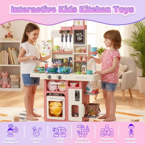 Prikpont Kids Toy Kitchen Playset, 63 Pcs Play Kitchen Set for Kids with Real Interactive Lights & Sounds, Water Sink & Accessories, Pretend Cooking Set Toy, Ideal Birthday Gift for Girls Age 3+