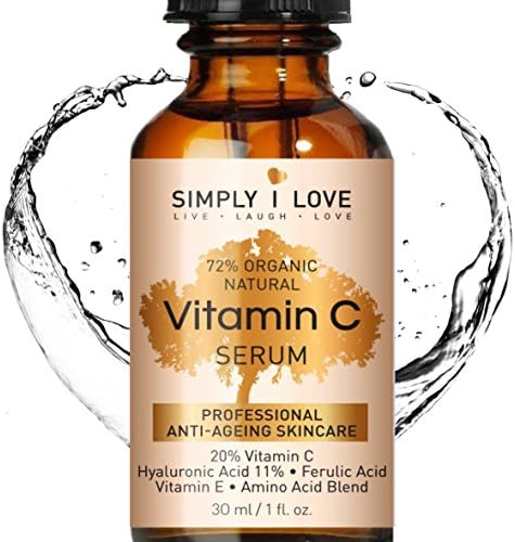 Simply I Love Vitamin C Serum 20% for Face &amp; Eyes, ORGANIC, Vitamin E, 11% HYALURONIC &amp; FERULIC ACID. Amazing Anti Aging. Repair Sun Damage, Fade Age Spots, Dark Circles, Wrinkles &amp; Fine Lines.VEGAN