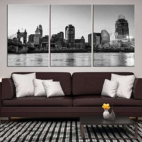 Cincinnati Skyline Wall Art by Sami Eymur | X-Large 3 Piece Framed Multi Panel Print | High Resolution Black & White Photo of City for Home Décor | Ready to Hang, 3 Extra Large Sizes