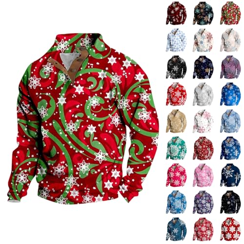 Nuaoxyeu christmas jumpers for men novelty Mens Christmas Jumpers Funny Quarter Button Lapel Neck Sweaters Baggy Xmas Print Sweatshirts Long Sleeve Snowflake Jumper Festive long jumper