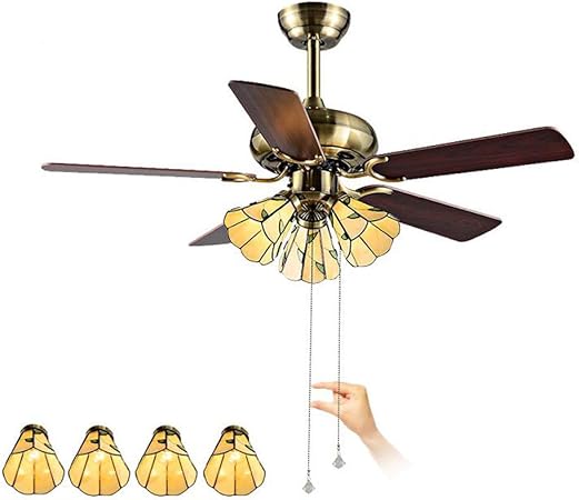 42 Inch Tiffany Style Ceiling Fan With Lights 5 Wooden Leaf Blades And Glass Shade Fan Chandelier E27 40w Pull Chain Ceiling Pendant Light For Living Room Restaurant Bedroom 4lights Amazon Co Uk Kitchen Home