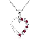 Gem Stone King 925 Sterling Silver Created White Sapphire and Created Ruby Heart MOM Pendant Necklace For Women with 18 Inch Silver Chain