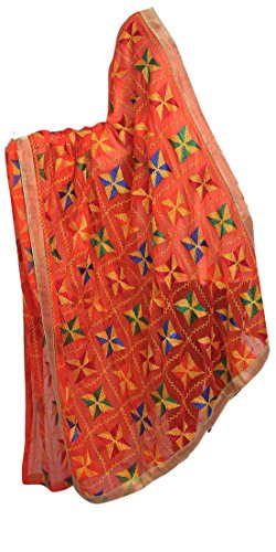 Phulkari Indian Dupatta Embroider Work Long Stole Scarf Orange Neck Wrap Chunni