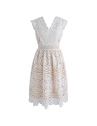 Chicwish - Vestido de mujer con cuello en V de encaje blanco con ojales de ganchillo y línea A