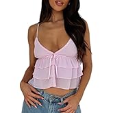 Women Sexy Y2k Frill Trim Camisole Lace V Neck Crop Top Ruffle Babydoll Cami Tank Top
