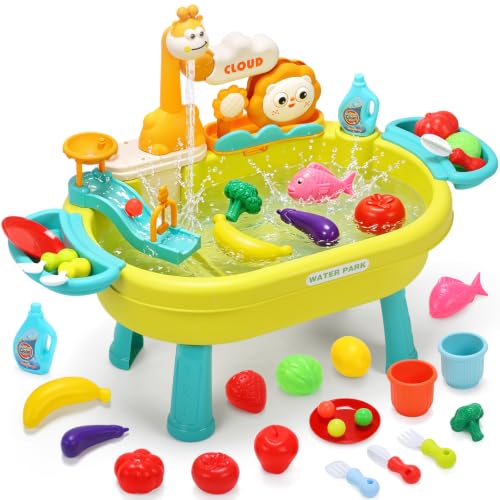 CUTE STONE Water Table, Play Sink with Running Water, Kitchen Pretend Play Set with Play Food & Tableware, Summer Outdoor Sensory Water Toy, Gift for Toddlers, Boys & Girls
