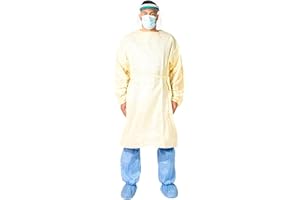 Paneffort Isolation Gowns | 10-Pack | Disposable, Lightweight Yellow SMS, Elastic Cuffs, Waist Ties, Hook & Loop Neck | Residential, Commercial, Medical, Dental, Lab, & Hospital Use