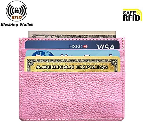 Genuine Leather RFID Blocking Card Case Compact Wallet Slim Super Thin 6 Card Slots (Pink)