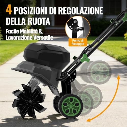 X Motozappa Elettrica Senza Fili 40V, Lavoro 30 cm x 20 cm, doppia Batteria 4000 mAh, Manubrio Pieghevole, Ruote Regolabili in 4 Posizioni - Compatta e Silenziosa per Giardino, Orto e Frutteto