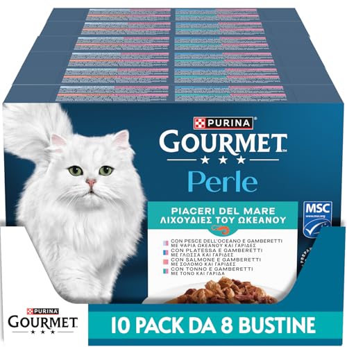 Gourmet Perle Piaceri del Mare Wet Food for Adult Cats Snacks with Salmon, Platessa, Tuna and Ocean Fish 80 Bags of 85 g