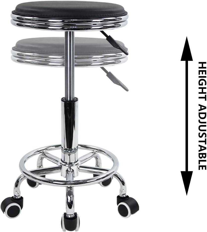 KKTONER Round Rolling Stool with Foot Rest PU Leather Height Adjustment Modern Industrial Metal Style Swivel Spa Salon Tattoo Work Massage Stools Small (Black): Kitchen & Dining