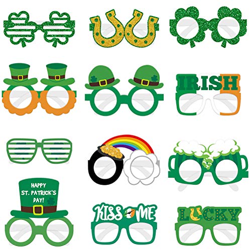 12 PCS St.Patrick's Day Eyeglasses Green Shamrock Beer Irish Lucky Leprechaun Hat Photo Props Glitter Eyewear Party Ideas Decoration - Thumbnail 6