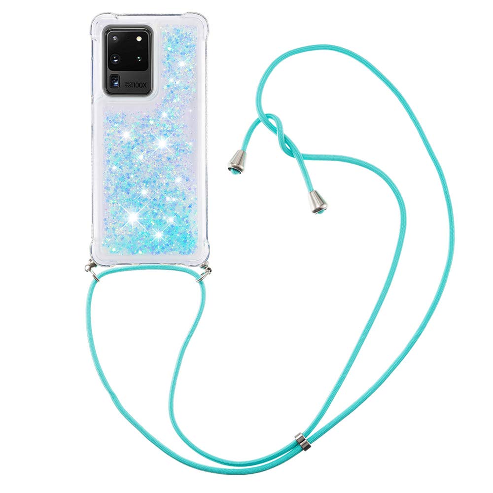 MRSTER Lanyard Phone Case for Samsung S21 Ultra, Bling Glitter Quicksand Liquid Sparkle Silicone TPU Case Cover With Crossbody Necklace Cord Strap for Samsung Galaxy S21 Ultra 5G. LP Star Blue