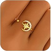 SUYACS 925 Sterling Silver Star and Moon Rings for Women 14K Gold Plated Adjustable Open Moon CZ Statement Ring Crescent Promise Finger Ring Jewish Jewelry Birthday Gifts to Daughter