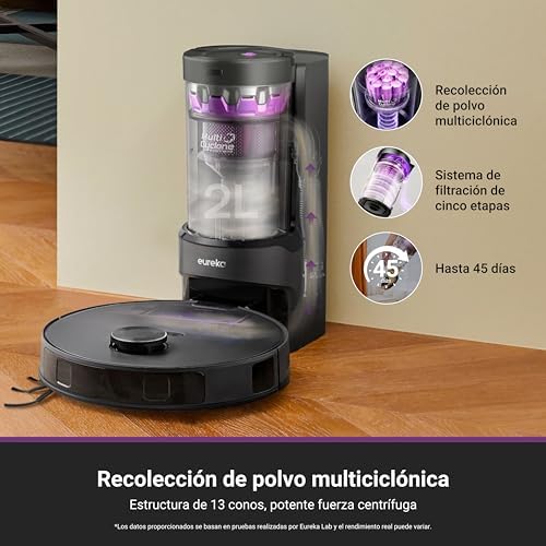 Robot Aspirador Fregasuelos de 10kPa, Aspirador Robot Antienredo, Autolimpieza, Autovaciado, Navegación Láser, Elevador 10 mm, 180 Min, Suelos Duros, Baldosas, Alfombras, E20 EVO Plus Negro