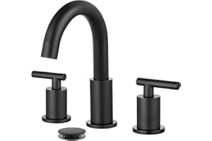 gotonovo 3 Hole 2 Handles Lavatory Basin Bathroom Sink Faucet with Pop Up Drain with Hot and Cold Mixer Valves 8 Inch Widespread Bathroom Faucet Matte Black