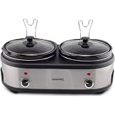 Courant Double Slow Cooker 2.5 Quart Crock each, 5.0 Quart Total Pots, with Individual Easy Cooking Options, Dishwasher Safe Stainproof Stoneware Pots and Glass Lids, Stainless Steel