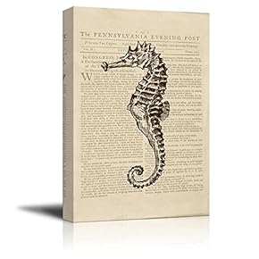 Canvas Wll Art - Seahorse on Vintage Newspaper Background - Giclee Print and Stretched Ready to Hang - 12"x18"