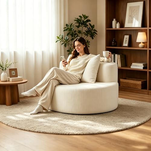 Accent Chair, Round Chaise Lounge Chair with Deep Seat, Modern Chenille Upholstered Lounge Chair, No Assembly Floor Sofa for Living Room Bedroom Apartment, 34.65 Inch Wide, Beige