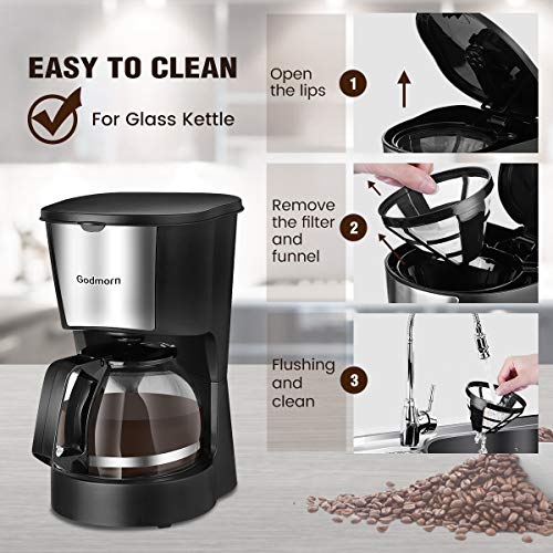 Drip Coffee Maker, Godmorn Filter Coffee Machine One Touch, 0.6L Coffee Maker, Keep Warm for 40Mins, Anti-Drip Design, Removable Filter and Funnel, Space Compact for Coffee Lover - Thumbnail 3