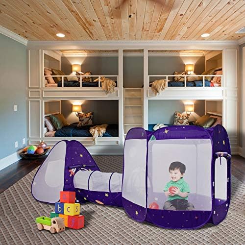 ALPIKA Kids Pop Up Tunnel Tents Children 3pc Play Tunnel Indoor Outdoor Toys Toddler Space rocket Play Ball Pit For Boys Girls (Tent with Tunnel)