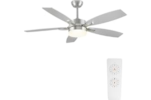 EASYMER Ceiling Fans with Lights, 52 Inch Silver Ceiling Light with Fan and Remote Control, Quiet DC Motor / 5 Blades / 4 Timer / 6 Speeds Ceiling Fan with Lights Led 24W for Bedroom Living Room