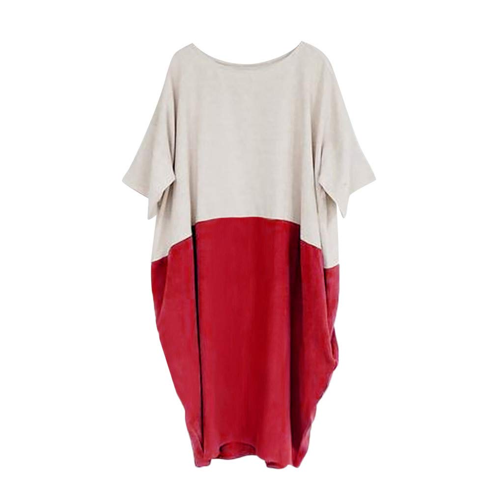 POTO Women Dresses, Loose Color Stitching Casual Dresses with Pockets Cotton Linen Tunic Dress Party Dress Beach Dress