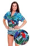 Funky Hawaiian Blouse Women Short-Sleeve Front-Pocket Surf Beach Sun Turquoise
