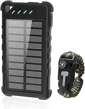 Solar Power Bank with Wrist Compass, 8000mAh Portable Solar Charger Waterproof External Back-up Battery with Dual USB Port for iPhone Samsung, Solar Phone Charger for Camping &amp; Outdoors - Black