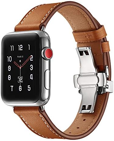 KeBitt Genuine Leather Bands Compatible with Apple Watch Series 4, Men Women Travel Charming iWatch3 Band Double Needle Metal Butterfly Buckle Strap Folding Stainless Steel Connector (Brown, 38/40mm)