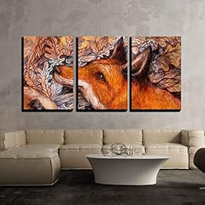 Red Fox Portrait Colorful Painting with Ornamental Background x3 Panels