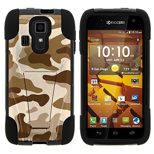 Kyocera Hydro Icon Case, Dual Layer Shell STRIKE Impact Kickstand Case with Unique Graphic Images for Kyocera Hydro Icon C6730, Kyocera Hydro Life C6350 (Boost Mobile, T Mobile, MetroPCS) from MINITURTLE | Includes Clear Screen Protector and Stylus Pen - Brown Camouflage