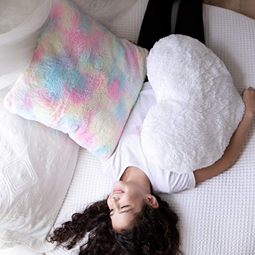 PERFECTTO Set of 2 Decorative Throw Pillows for Girls. White Fluffy Heart and Soft Rainbow