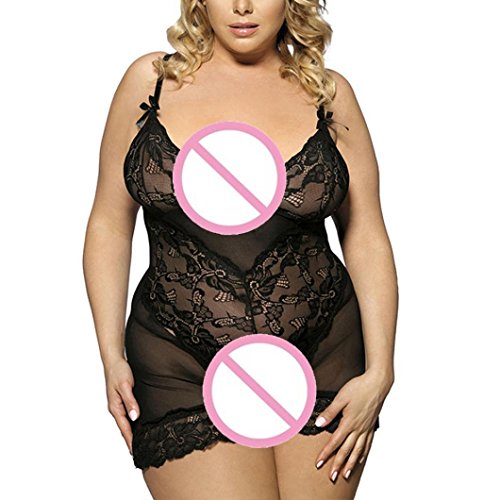 ManxiVoo Women Sexy Lingerie Nightgown Plus Size 2 PCs Lace Babydoll Mesh Chemise Sleepwear Nightdress (X-Large, Black)