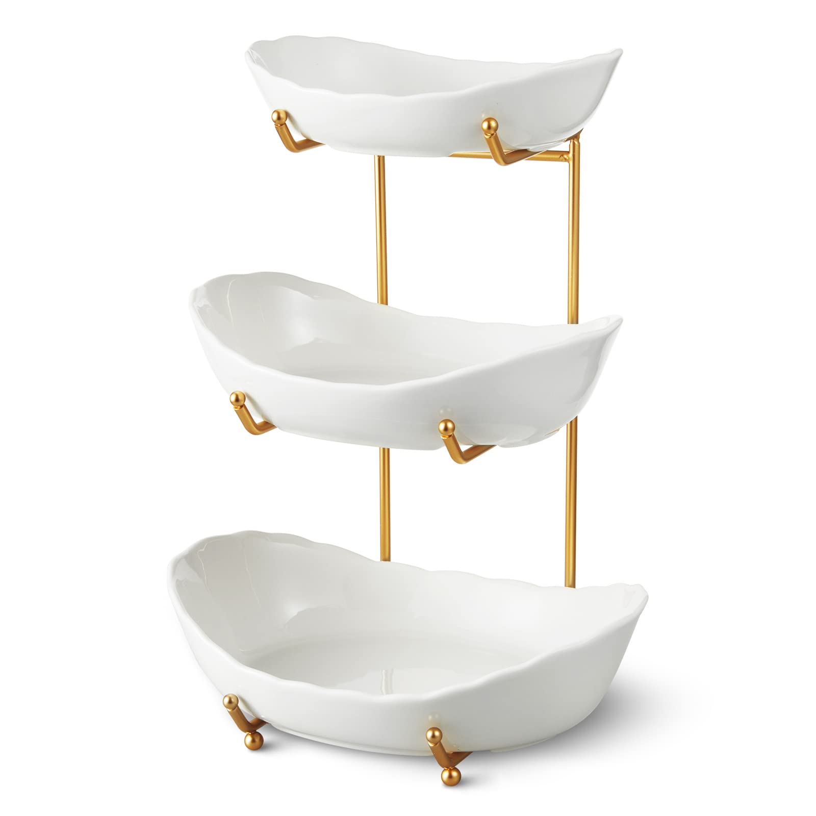 Photo 1 of HOMKULA Ceramic Fruit Bowl for Kitchen Counter - 3 Tier Fruit Basket with Metal Stand, Tiered Fruit Stand for Countertop, Snack, Nuts, Cake, Dessert, Small & Cute (Gold)
