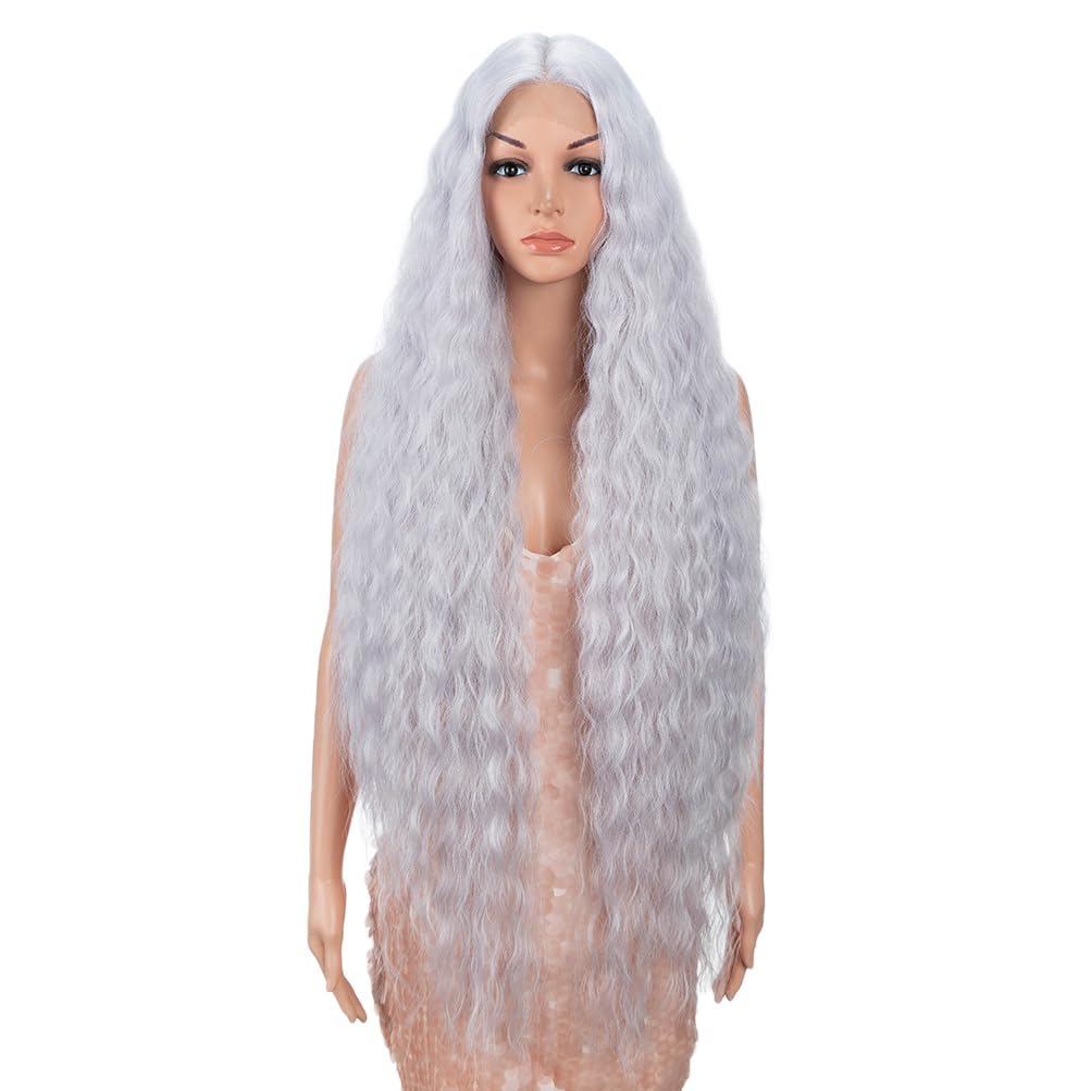 Style Icon Sliver Gray Super Long Lace Front Wig - 40 Inch Curly Wave Wig for Women - Synthetic Lace Front Wig with T Part, Baby Hair - Heat Resistant Fiber - 150% Density