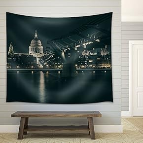 Building and Bridge Over Peaceful River at Night - Fabric Wall Tapestry Home Decor - 51x60 inches