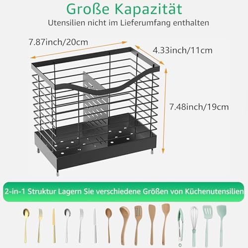 Küchenutensilienhalter aus Edelstahl mit Ablaufboden, 2 Fächer, Schwarz