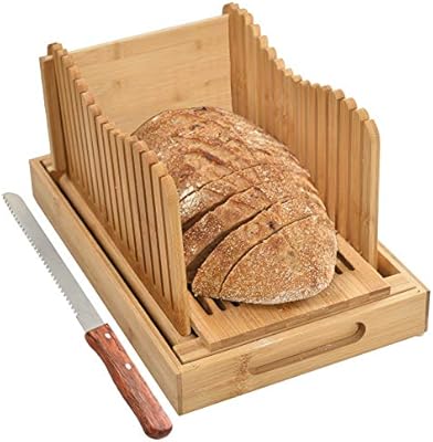 Kitchen Seven Bamboo Bread Slicer With Crumb Tray Bamboo Bread Cutter For Homemade Bread Loaf Cakes Bagels Slicer 3 Slice Sizes Adjustable Compact Foldable
