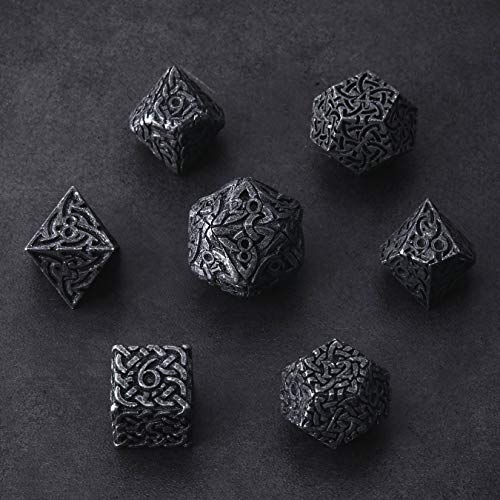 Tarnished Black Endless Darkness Dice 7 piece Polyhedral Metal Dice Set Celtic Knots Extra Heavy Extra Large for DnD Dungeons and Dragons Call of Cthulhu Pathfinder RPG Dice Rogue Dice Warlock Dice