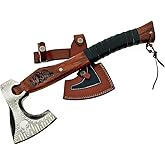 Dessi Viking Axe Carbon Steel Etched Blade Hatchet Tomahawk Walnut Wood Handle Dragon Engraving Wrapped Grip Leather Sheath Camping Hunting Gift SM144