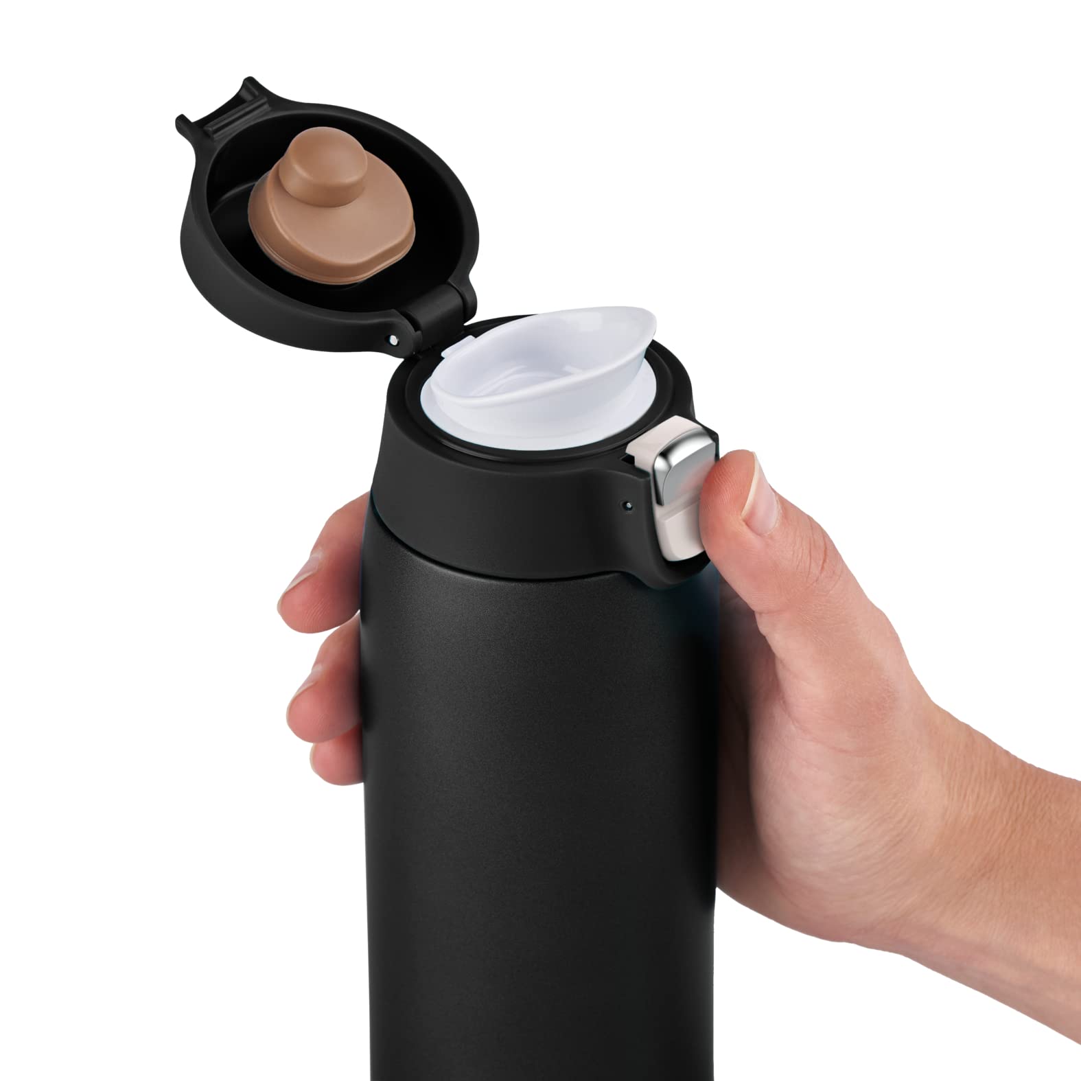 Emsa N21517 Travel Mug Light Isolierbecher | Fassungsvermögen: 0,4 L | extra-schlankes Format | Leichtgewicht | Edelstahl | Klappverschlusssystem | 100% dicht | 8h heiß/16h kalt | BPA-Frei | Schwarz 2