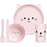 PHEENOWL Kids Dinnerware Set - Ovenproof Tableware Set 5-Piece Cat-Themed Includes Plate, Bowl, Cup &amp; Utensils | BPA-Free, Microwave &amp; Dishwasher Safe (Kitten)