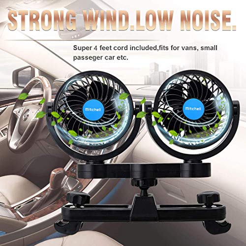 QIFUN Electric Car Fans for Rear Seat Passenger Portable Car Seat Fan, 4 Inches 12V Headrest 360