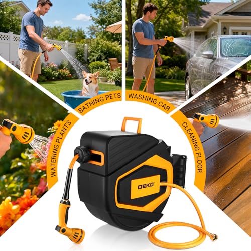 Retractable Hose Reel:100 ft x 1/2 inch, Garden Hose Reel with 9-Pattern Nozzle, 180°Swivel Bracket Wall-Mounted, Automatic Rewind, Lock at Any Length, with Slow Return System