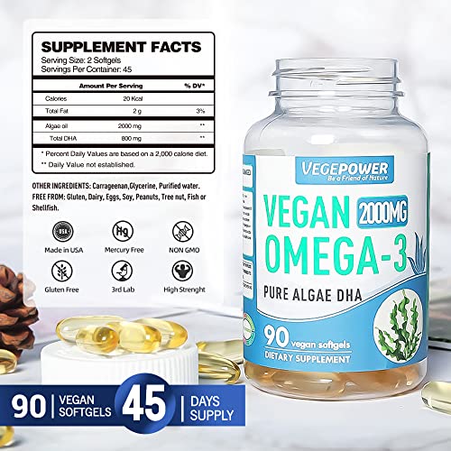 Vegan Omega3 Algae DHA Supplement 2000mg Algae Oil, PlantBased