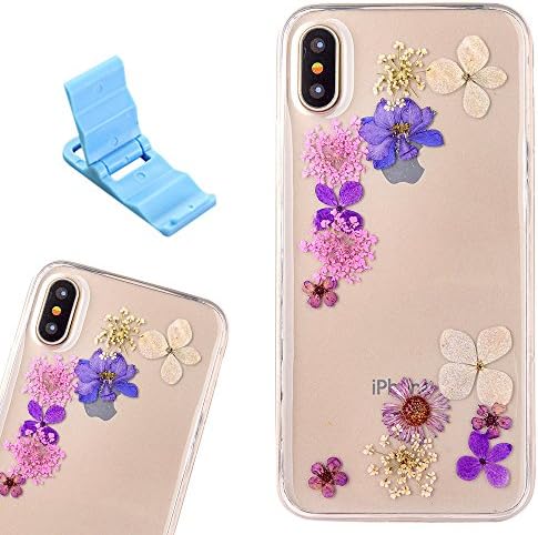 iPhone X Case, SXUUXB Beautiful Pressed Floral Soft Silicone Case Multi-color Flower Petal Transparent Jelly Design for Apple iPhone X 5.8" - Floral 15 + 1 x Free Bracket (Color Random)