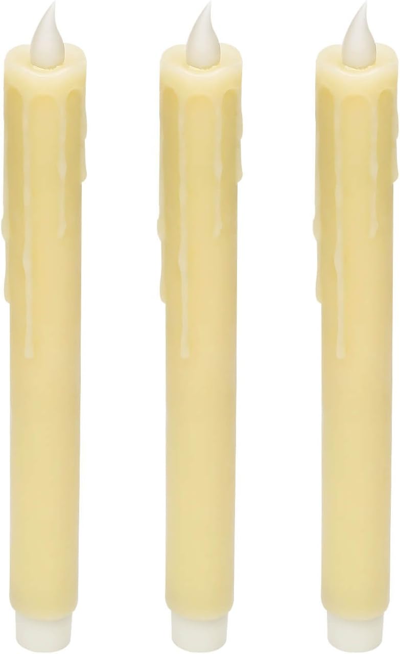 PRIMROSE Flameless Led Taper Candles with Timer, Battery Operated Real Wax Flickering Candle Light, Dripping Wax Shape Set of 3 (10 Inchs Ivory)[No Included Battery]